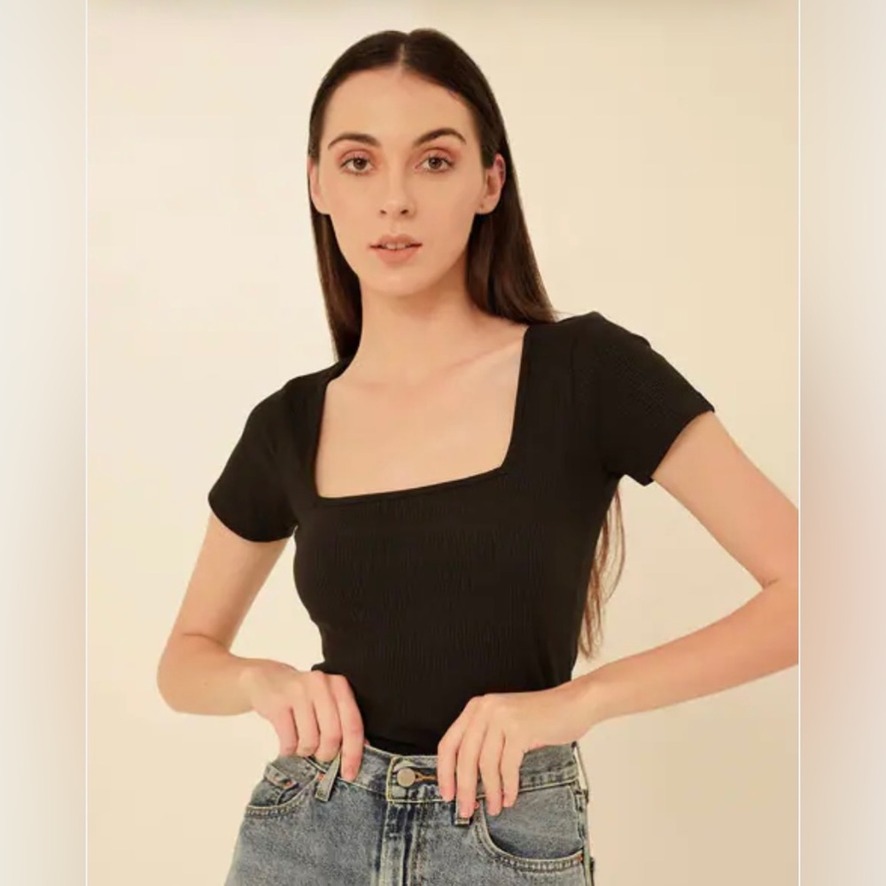 Zara Black Ribbed Square Neck Top Size S/M NWOT